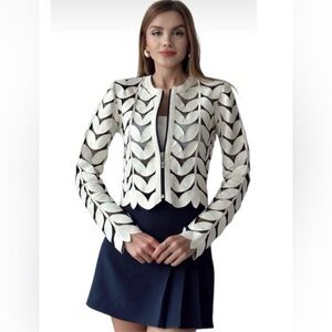 Vintage Stillman Studio Womens Silver Black Leaf Print Full-Zip Jacket Size XL